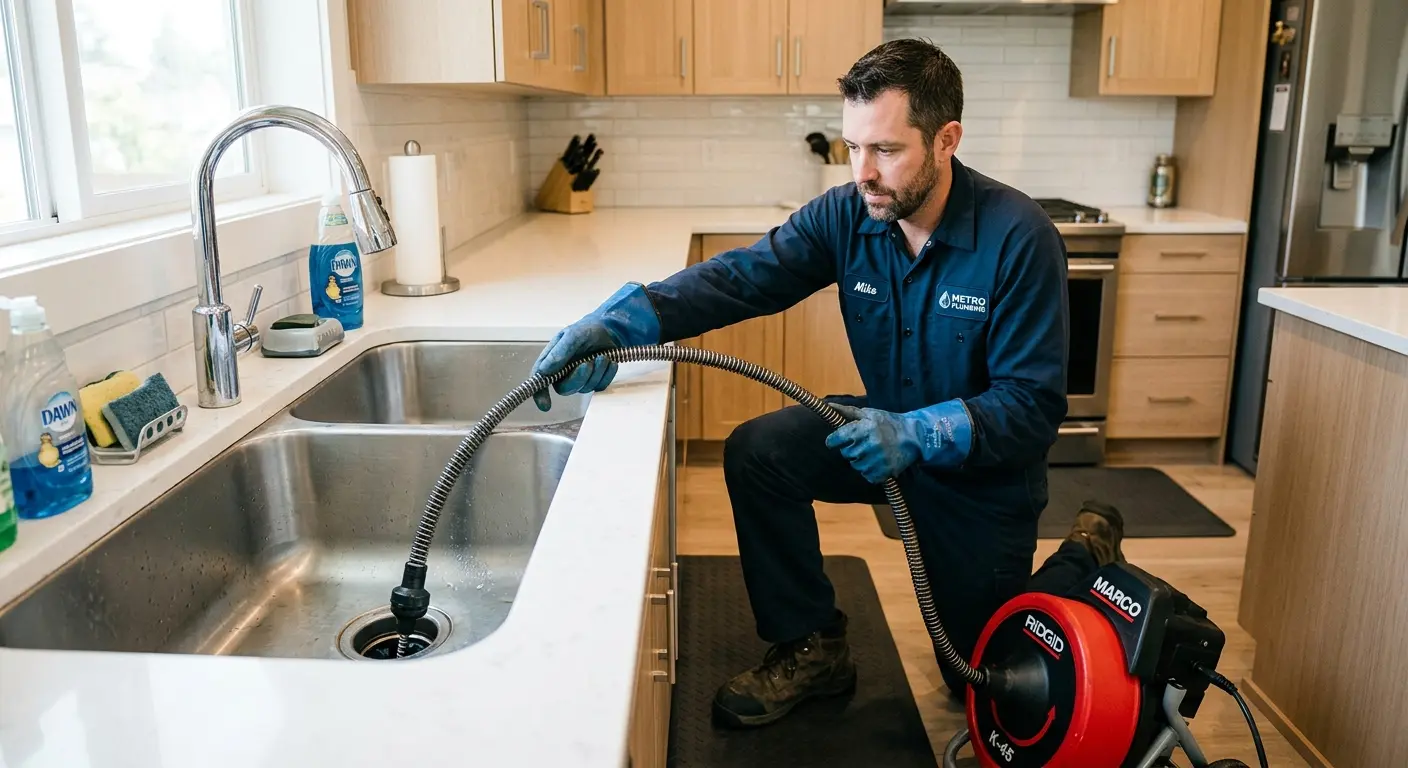 Drain cleaning technician using a motorized snake on a kitchen sink in Homer Glen