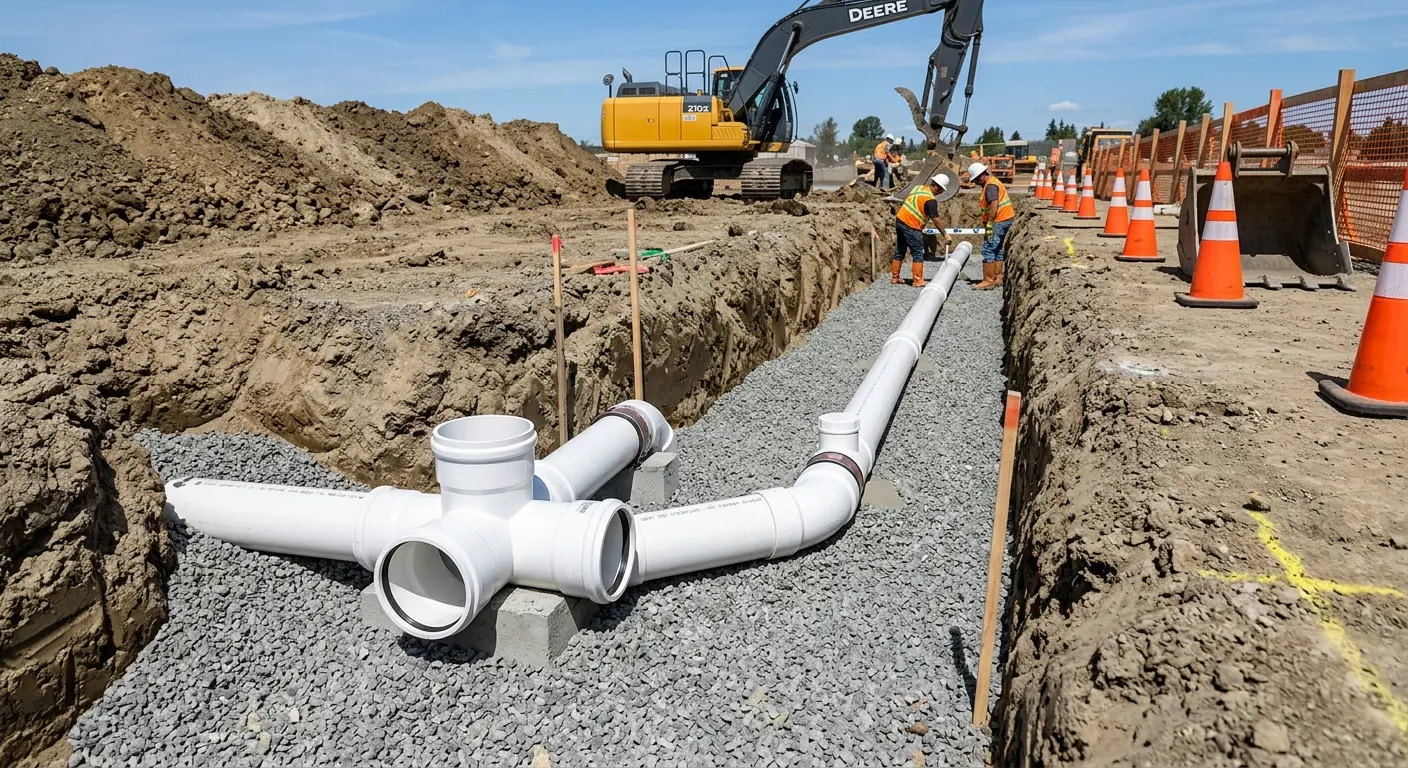 New PVC sewer pipe installation in open trench for Commercial Drain Cleaning in Homer Glen