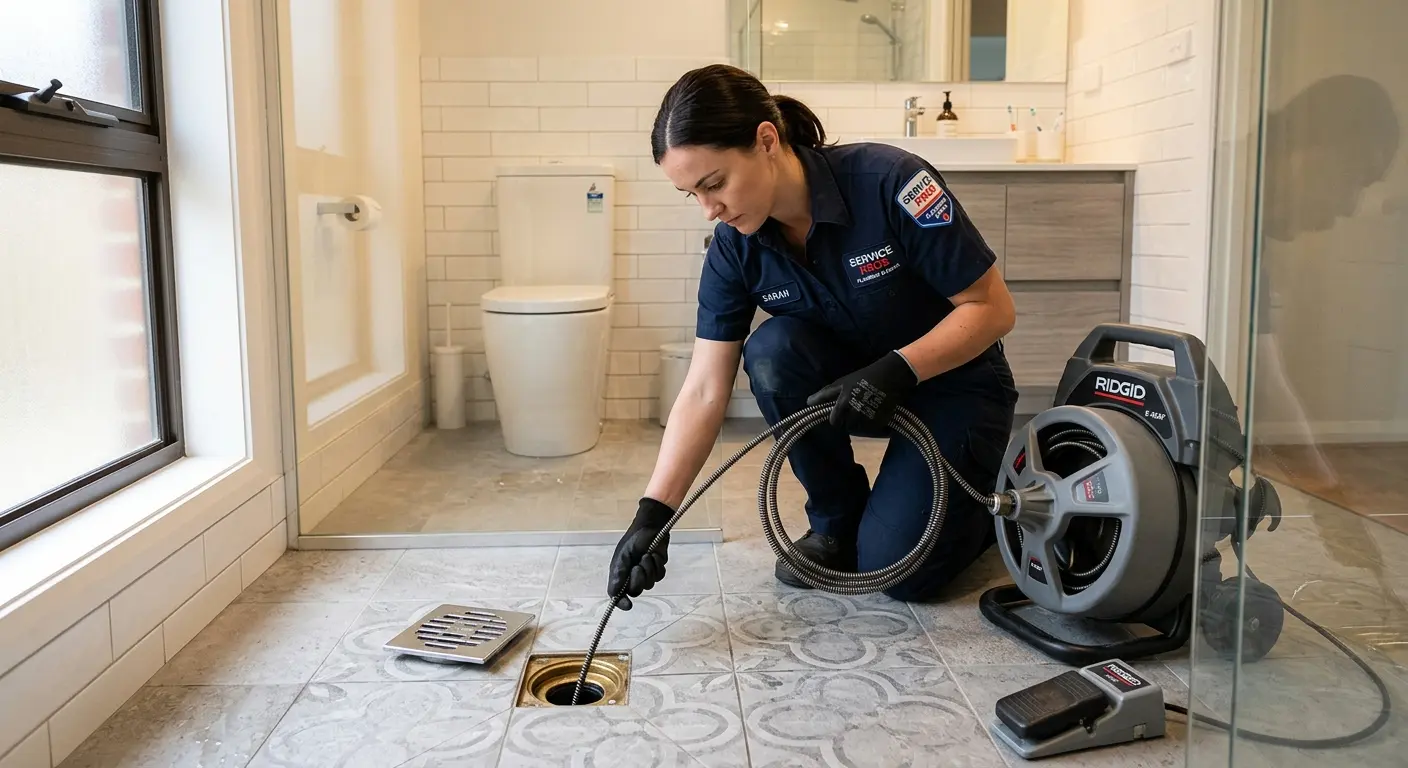 Technician clearing a bathroom floor drain for Sewer Line Replacement in Homer Glen